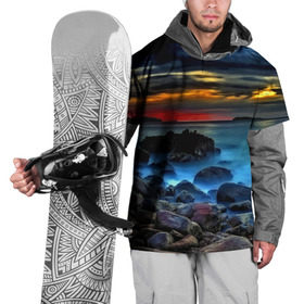 Накидка на куртку 3D с принтом Скалистый берег в Тюмени, 100% полиэстер |  | Тематика изображения на принте: закат | море | небо | пейзаж | пестрый