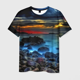 Мужская футболка 3D с принтом Скалистый берег в Тюмени, 100% полиэфир | прямой крой, круглый вырез горловины, длина до линии бедер | закат | море | небо | пейзаж | пестрый