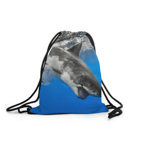 Рюкзак-мешок 3D с принтом Акула в Тюмени, 100% полиэстер | плотность ткани — 200 г/м2, размер — 35 х 45 см; лямки — толстые шнурки, застежка на шнуровке, без карманов и подкладки | shark | море | синий | челюсти