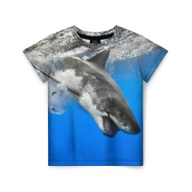 Детская футболка 3D с принтом Акула в Тюмени, 100% гипоаллергенный полиэфир | прямой крой, круглый вырез горловины, длина до линии бедер, чуть спущенное плечо, ткань немного тянется | shark | море | синий | челюсти