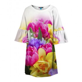 Детское платье 3D с принтом Нежность в Тюмени, 100% полиэстер | прямой силуэт, чуть расширенный к низу. Круглая горловина, на рукавах — воланы | желтый | красный | любовь | новинки | подарок | розы | сердце | текстура | тюльпаны | цветы