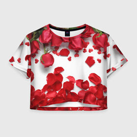 Женская футболка 3D укороченная с принтом Сильные чуства в Тюмени, 100% полиэстер | круглая горловина, длина футболки до линии талии, рукава с отворотами | желтый | красный | любовь | новинки | подарок | розы | сердце | текстура | тюльпаны | цветы