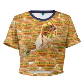 Женская футболка 3D укороченная с принтом Best food ever в Тюмени, 100% полиэстер | круглая горловина, длина футболки до линии талии, рукава с отворотами | burger | fast food | бургер | донер | фастфуд | шава | шаурма