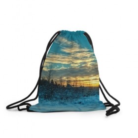 Рюкзак-мешок 3D с принтом Winter sunset в Тюмени, 100% полиэстер | плотность ткани — 200 г/м2, размер — 35 х 45 см; лямки — толстые шнурки, застежка на шнуровке, без карманов и подкладки | закат | лес зима | пейзаж