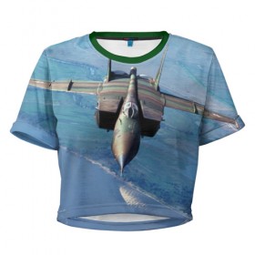 Женская футболка 3D укороченная с принтом МиГ-31 в Тюмени, 100% полиэстер | круглая горловина, длина футболки до линии талии, рукава с отворотами | самолет