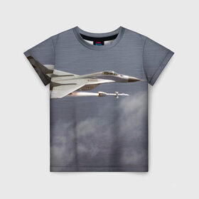 Детская футболка 3D с принтом Атака МиГ-29 в Тюмени, 100% гипоаллергенный полиэфир | прямой крой, круглый вырез горловины, длина до линии бедер, чуть спущенное плечо, ткань немного тянется | Тематика изображения на принте: самолет