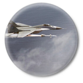 Значок с принтом Атака МиГ-29 в Тюмени,  металл | круглая форма, металлическая застежка в виде булавки | самолет
