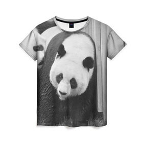 Женская футболка 3D с принтом Панды чб фото в Тюмени, 100% полиэфир ( синтетическое хлопкоподобное полотно) | прямой крой, круглый вырез горловины, длина до линии бедер | бамбук | животное | медведь
