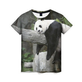 Женская футболка 3D с принтом Большая уставшая панда в Тюмени, 100% полиэфир ( синтетическое хлопкоподобное полотно) | прямой крой, круглый вырез горловины, длина до линии бедер | бамбук | животное | медведь