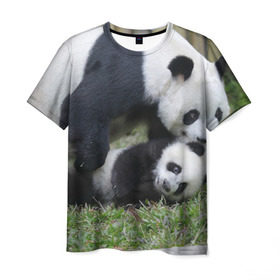 Мужская футболка 3D с принтом Мамочка и сыночек панды в Тюмени, 100% полиэфир | прямой крой, круглый вырез горловины, длина до линии бедер | бамбук | животное | медведь