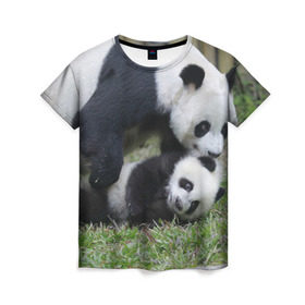 Женская футболка 3D с принтом Мамочка и сыночек панды в Тюмени, 100% полиэфир ( синтетическое хлопкоподобное полотно) | прямой крой, круглый вырез горловины, длина до линии бедер | бамбук | животное | медведь