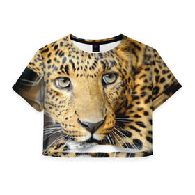Женская футболка 3D укороченная с принтом Леопард в Тюмени, 100% полиэстер | круглая горловина, длина футболки до линии талии, рукава с отворотами | властелин | глаз | грация | животные | зверь | кот | кошачий | кошки | крупный | леопард | лес | млекопитающее | природа | пятна | рыжий | усатый | усы | фауна | флора | хищник | хозяин | царь джунгли