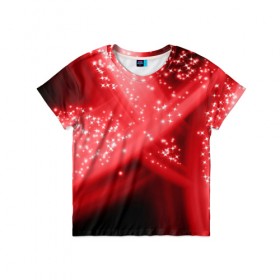 Детская футболка 3D с принтом Звёздный шлейф в Тюмени, 100% гипоаллергенный полиэфир | прямой крой, круглый вырез горловины, длина до линии бедер, чуть спущенное плечо, ткань немного тянется | Тематика изображения на принте: абстракция | блеск | гламур | звёздочка | звёзды | красный | огни