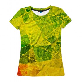 Женская футболка 3D с принтом Particles в Тюмени, 100% полиэфир ( синтетическое хлопкоподобное полотно) | прямой крой, круглый вырез горловины, длина до линии бедер | желтый | зеленый | потертый | треугольники | яркий