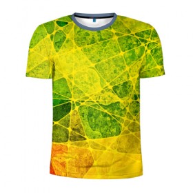 Мужская футболка 3D спортивная с принтом Particles в Тюмени, 100% полиэстер с улучшенными характеристиками | приталенный силуэт, круглая горловина, широкие плечи, сужается к линии бедра | Тематика изображения на принте: желтый | зеленый | потертый | треугольники | яркий