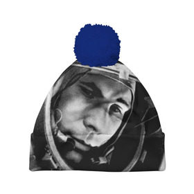 Шапка 3D c помпоном с принтом Юрий Гагарин в Тюмени, 100% полиэстер | универсальный размер, печать по всей поверхности изделия | первый космонавт
