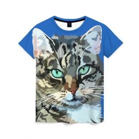 Женская футболка 3D с принтом Котэ в Тюмени, 100% полиэфир ( синтетическое хлопкоподобное полотно) | прямой крой, круглый вырез горловины, длина до линии бедер | cat | взгляд | глаза | животные | киска | кот | котёнок | кошка