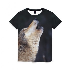 Женская футболка 3D с принтом Вой серого волка в Тюмени, 100% полиэфир ( синтетическое хлопкоподобное полотно) | прямой крой, круглый вырез горловины, длина до линии бедер | серый