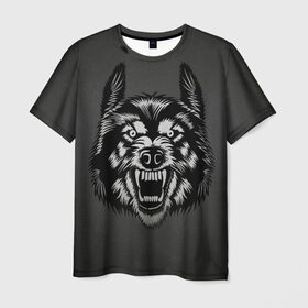 Мужская футболка 3D с принтом Злой оскал волка в Тюмени, 100% полиэфир | прямой крой, круглый вырез горловины, длина до линии бедер | аука | бирюк | волк | волчара | волчица | волчок | глаза | животное | животные | зверь | койот | млекопитающее | оскал | санитар леса | силуэт | татуировка | трафарет | уши | хищник | черный | шакал