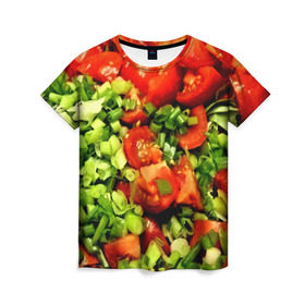 Женская футболка 3D с принтом Салатик в Тюмени, 100% полиэфир ( синтетическое хлопкоподобное полотно) | прямой крой, круглый вырез горловины, длина до линии бедер | зеленый | красный | нарезка | овощи | яркий