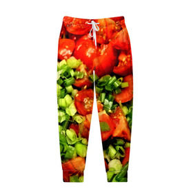 Мужские брюки 3D с принтом Салатик в Тюмени, 100% полиэстер | манжеты по низу, эластичный пояс регулируется шнурком, по бокам два кармана без застежек, внутренняя часть кармана из мелкой сетки | Тематика изображения на принте: зеленый | красный | нарезка | овощи | яркий