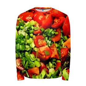 Мужской лонгслив 3D с принтом Салатик в Тюмени, 100% полиэстер | длинные рукава, круглый вырез горловины, полуприлегающий силуэт | зеленый | красный | нарезка | овощи | яркий