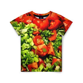 Детская футболка 3D с принтом Салатик в Тюмени, 100% гипоаллергенный полиэфир | прямой крой, круглый вырез горловины, длина до линии бедер, чуть спущенное плечо, ткань немного тянется | зеленый | красный | нарезка | овощи | яркий