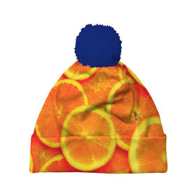 Шапка 3D c помпоном с принтом Сочные апельсины в Тюмени, 100% полиэстер | универсальный размер, печать по всей поверхности изделия | Тематика изображения на принте: апельсин | летние | сочные | цитрус | яркие