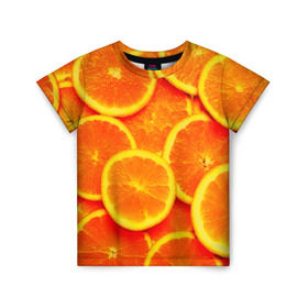 Детская футболка 3D с принтом Сочные апельсины в Тюмени, 100% гипоаллергенный полиэфир | прямой крой, круглый вырез горловины, длина до линии бедер, чуть спущенное плечо, ткань немного тянется | Тематика изображения на принте: апельсин | летние | сочные | цитрус | яркие