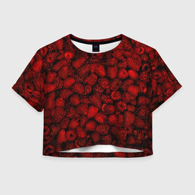 Женская футболка 3D укороченная с принтом Малинки в Тюмени, 100% полиэстер | круглая горловина, длина футболки до линии талии, рукава с отворотами | малиновый | паттерн | темный | ягоды