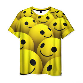 Мужская футболка 3D с принтом Счастливые смайлики в Тюмени, 100% полиэфир | прямой крой, круглый вырез горловины, длина до линии бедер | Тематика изображения на принте: no problems | smile | без проблем | весёлый | довольный | оптимизм | позитив | позитивный | радость | смайлики | смех | счастливый | счастье | улыбаться | улыбка | хорошее настроение