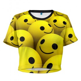 Женская футболка 3D укороченная с принтом Счастливые смайлики в Тюмени, 100% полиэстер | круглая горловина, длина футболки до линии талии, рукава с отворотами | Тематика изображения на принте: no problems | smile | без проблем | весёлый | довольный | оптимизм | позитив | позитивный | радость | смайлики | смех | счастливый | счастье | улыбаться | улыбка | хорошее настроение
