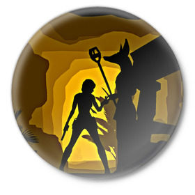 Значок с принтом Tomb Raider в Тюмени,  металл | круглая форма, металлическая застежка в виде булавки | желтый | лара крофт | черный
