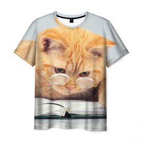 Мужская футболка 3D с принтом Кот ученый в Тюмени, 100% полиэфир | прямой крой, круглый вырез горловины, длина до линии бедер | грустный | добрый | животное | киса | киска | кот | котенок | котэ | кошка | красивый | лапа | лапка | ласковый | милый | очки | прикольный | рыжий | смешной | унылый | усатый | шерсть
