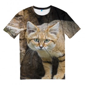 Мужская футболка 3D с принтом Песчаный кот в Тюмени, 100% полиэфир | прямой крой, круглый вырез горловины, длина до линии бедер | грустный | добрый | животное | киса | киска кися | кот | котенок | котэ | кошка | красивый | лапа | лапка | ласковый | милый | моська | мурлыка | прикольный | смешной | унылый | усатый | шерсть