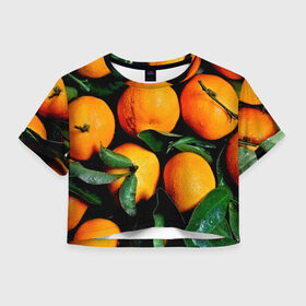 Женская футболка 3D укороченная с принтом Мандаринчики в Тюмени, 100% полиэстер | круглая горловина, длина футболки до линии талии, рукава с отворотами | зелень | оранжевый | цитрус | яркий