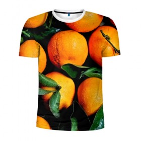 Мужская футболка 3D спортивная с принтом Мандаринчики в Тюмени, 100% полиэстер с улучшенными характеристиками | приталенный силуэт, круглая горловина, широкие плечи, сужается к линии бедра | Тематика изображения на принте: зелень | оранжевый | цитрус | яркий