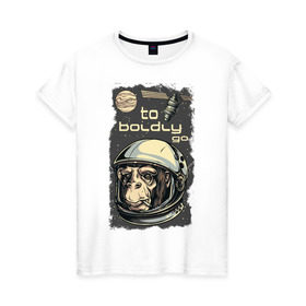 Женская футболка хлопок с принтом Обезьяна космонавт в Тюмени, 100% хлопок | прямой крой, круглый вырез горловины, длина до линии бедер, слегка спущенное плечо | космонавт | космос | обезьяна | шимпанзе