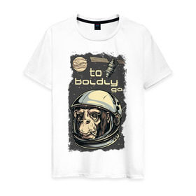 Мужская футболка хлопок с принтом Обезьяна космонавт в Тюмени, 100% хлопок | прямой крой, круглый вырез горловины, длина до линии бедер, слегка спущенное плечо. | космонавт | космос | обезьяна | шимпанзе