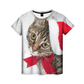 Женская футболка 3D с принтом Новогодний кот в колпаке в Тюмени, 100% полиэфир ( синтетическое хлопкоподобное полотно) | прямой крой, круглый вырез горловины, длина до линии бедер | грустный | добрый | животное | киса | киска кися | кот | котенок | котэ | кошка | красивый | лапа | лапка | ласковый | милый | моська | мурлыка | прикольный | смешной | унылый | усатый | шерсть