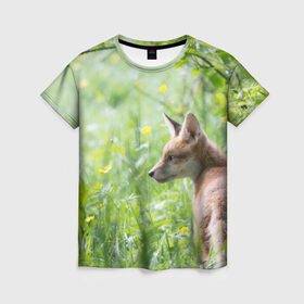 Женская футболка 3D с принтом Лисенок в Тюмени, 100% полиэфир ( синтетическое хлопкоподобное полотно) | прямой крой, круглый вырез горловины, длина до линии бедер | fox | животное | зверь | красивая | лес | лис | лиса | лисенок | лисица | лисичка | природа | рыжая | рыжий цвет | хвост | хитрая | хищник