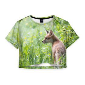 Женская футболка 3D укороченная с принтом Лисенок в Тюмени, 100% полиэстер | круглая горловина, длина футболки до линии талии, рукава с отворотами | fox | животное | зверь | красивая | лес | лис | лиса | лисенок | лисица | лисичка | природа | рыжая | рыжий цвет | хвост | хитрая | хищник