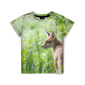 Детская футболка 3D с принтом Лисенок в Тюмени, 100% гипоаллергенный полиэфир | прямой крой, круглый вырез горловины, длина до линии бедер, чуть спущенное плечо, ткань немного тянется | fox | животное | зверь | красивая | лес | лис | лиса | лисенок | лисица | лисичка | природа | рыжая | рыжий цвет | хвост | хитрая | хищник