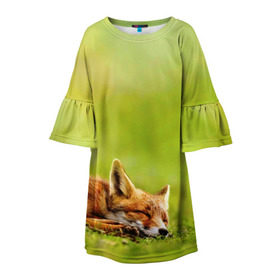 Детское платье 3D с принтом Лисичка спит в Тюмени, 100% полиэстер | прямой силуэт, чуть расширенный к низу. Круглая горловина, на рукавах — воланы | fox | животное | зверь | красивая | лес | лис | лиса | лисенок | лисица | лисичка | мех | патрикеевна | песец | плутовка | прикольная | природа | рыжая | рыжий цвет | сказка | хвост | хитрая | хищник