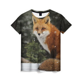 Женская футболка 3D с принтом Лиса в Тюмени, 100% полиэфир ( синтетическое хлопкоподобное полотно) | прямой крой, круглый вырез горловины, длина до линии бедер | fox | животное | зверь | красивая | лес | лис | лиса | лисенок | лисица | лисичка | мех | патрикеевна | песец | плутовка | прикольная | природа | рыжая | рыжий цвет | сказка | хвост | хитрая | хищник