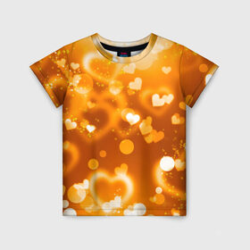Детская футболка 3D с принтом Сердечки в золоте в Тюмени, 100% гипоаллергенный полиэфир | прямой крой, круглый вырез горловины, длина до линии бедер, чуть спущенное плечо, ткань немного тянется | Тематика изображения на принте: желтый | золотое | сердечки | яркий