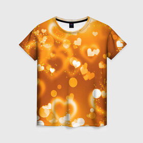 Женская футболка 3D с принтом Сердечки в золоте в Тюмени, 100% полиэфир ( синтетическое хлопкоподобное полотно) | прямой крой, круглый вырез горловины, длина до линии бедер | желтый | золотое | сердечки | яркий