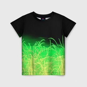 Детская футболка 3D с принтом Зеленые искры в Тюмени, 100% гипоаллергенный полиэфир | прямой крой, круглый вырез горловины, длина до линии бедер, чуть спущенное плечо, ткань немного тянется | Тематика изображения на принте: 3d | абстракция | брызги | зеленый | искры | линии | полосы | прикольные | салют | свет | узоры | яркие