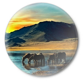 Значок с принтом Лошади в Тюмени,  металл | круглая форма, металлическая застежка в виде булавки | 3d | берег | вода | горы | животное | закат | лошади | небо | прикольные | природа | река | солнце | яркие