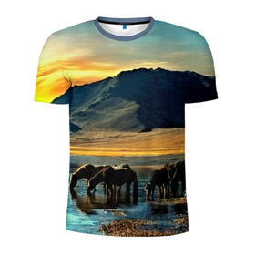 Мужская футболка 3D спортивная с принтом Лошади в Тюмени, 100% полиэстер с улучшенными характеристиками | приталенный силуэт, круглая горловина, широкие плечи, сужается к линии бедра | Тематика изображения на принте: 3d | берег | вода | горы | животное | закат | лошади | небо | прикольные | природа | река | солнце | яркие